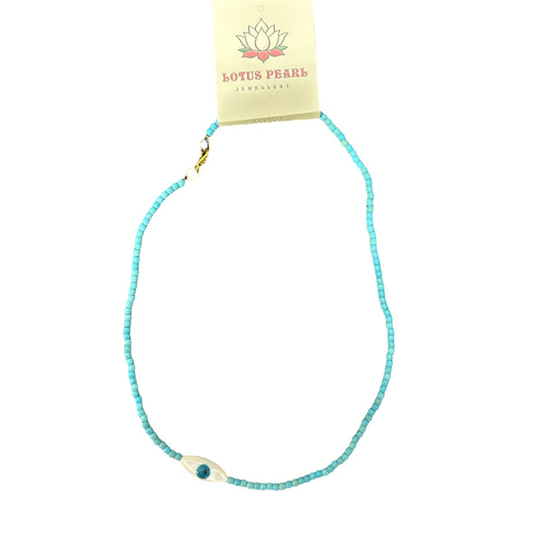 Lotus Pearl Evil Eye Charm Necklace